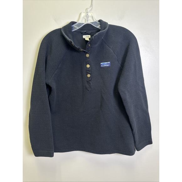 LL Bean Lakewashed Sweater Women's M Double Knit Quarter Snap Black - Picture 1 of 8